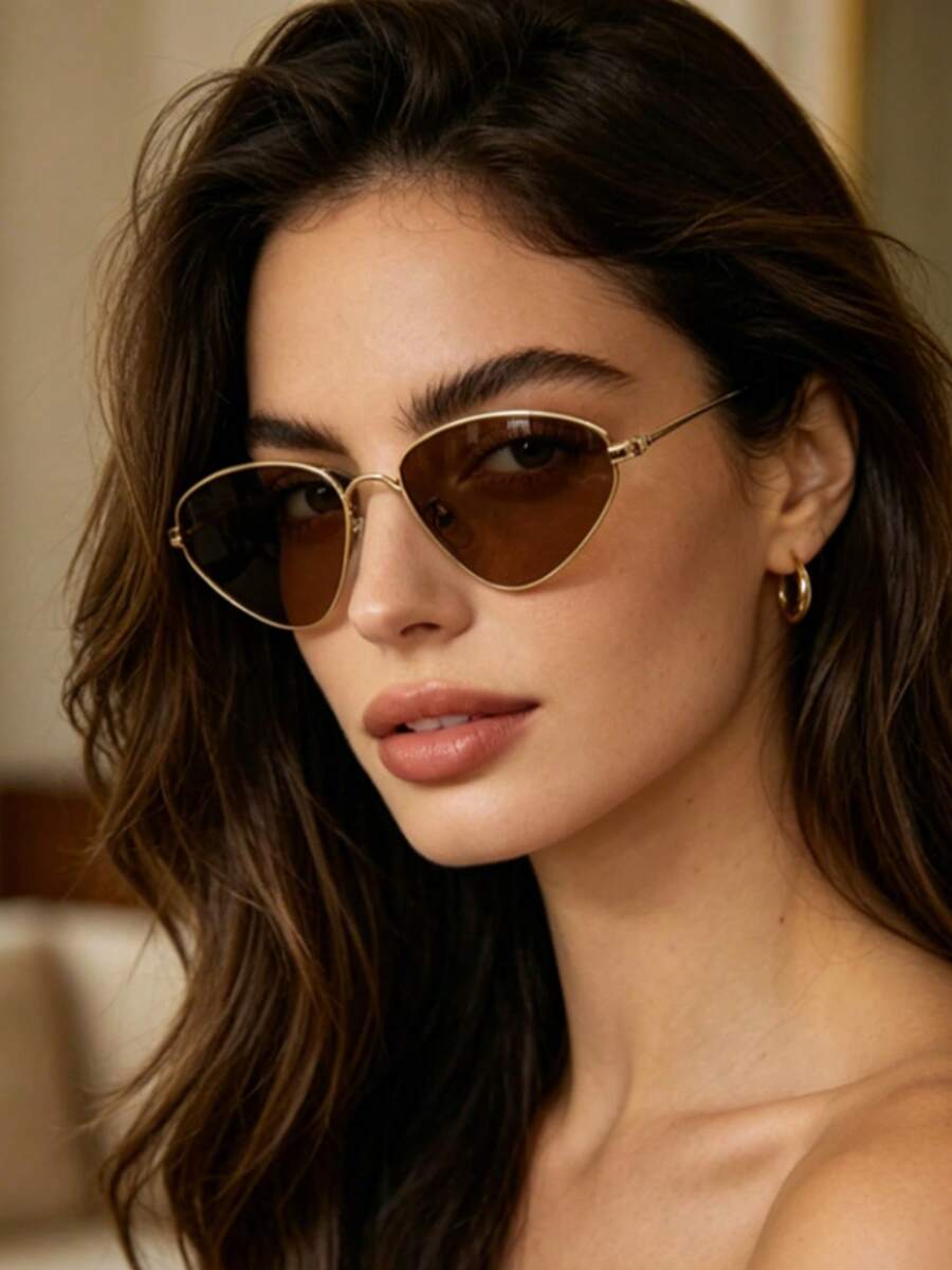 1 Pair New Triangle Ocean Lens Small Frame Metal Fashion Street Style Decorative Fashion Glasses - Golden Tea - View 1