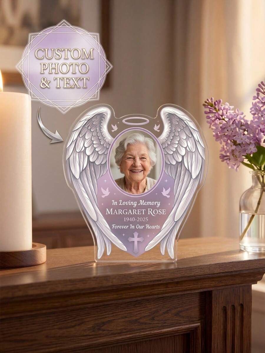 1pc Customized Photo & Text Angel Wings Acrylic Plaque, Personalized Name & Date Memorial Decor, Commemorative Gift, Condolence Remembrance, Forever In Our Hearts Memorial Decor, Mourning Family, Loved Ones, Family Memorial Display, Funeral Memorabilia, Memorial Altar Decoration - Multicolor - View 1