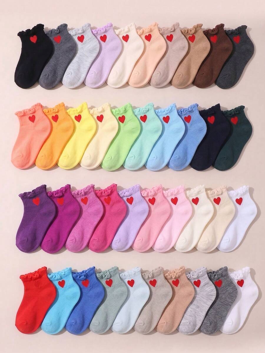 10 pares de calcetines de media caña con volantes de corazón para niñas bebés, calcetines suaves y lindos para bebés, adecuados para bebés / recién nacidos, calcetines delgados para niños en primavera y verano - Multicolor - Ver 1