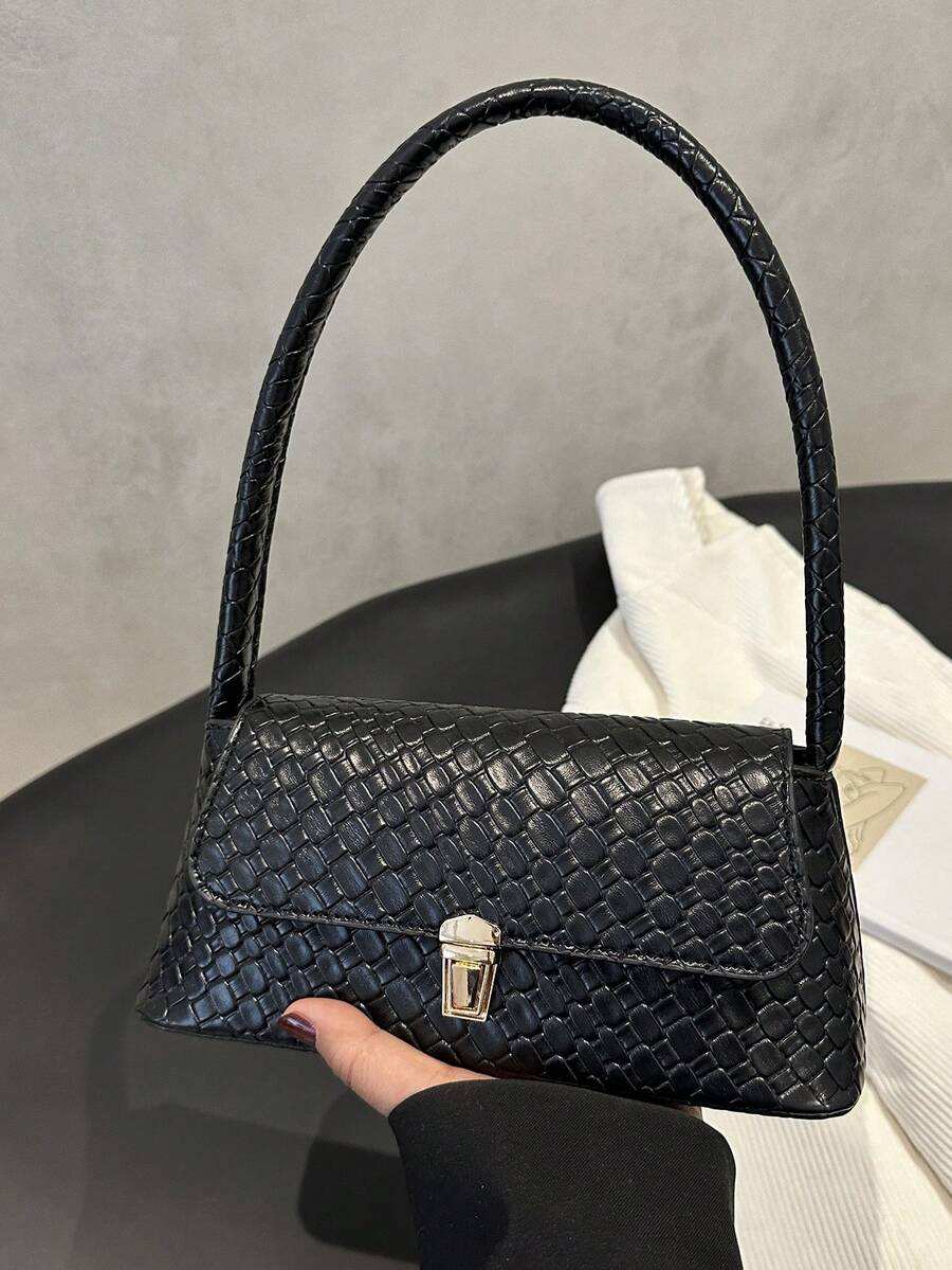 柔軟布料 PU 皮革金屬扣裝飾貝殼造型復古風巴黎包 女款單肩包 新款小方型手提包 - 黑色 - 查看 1