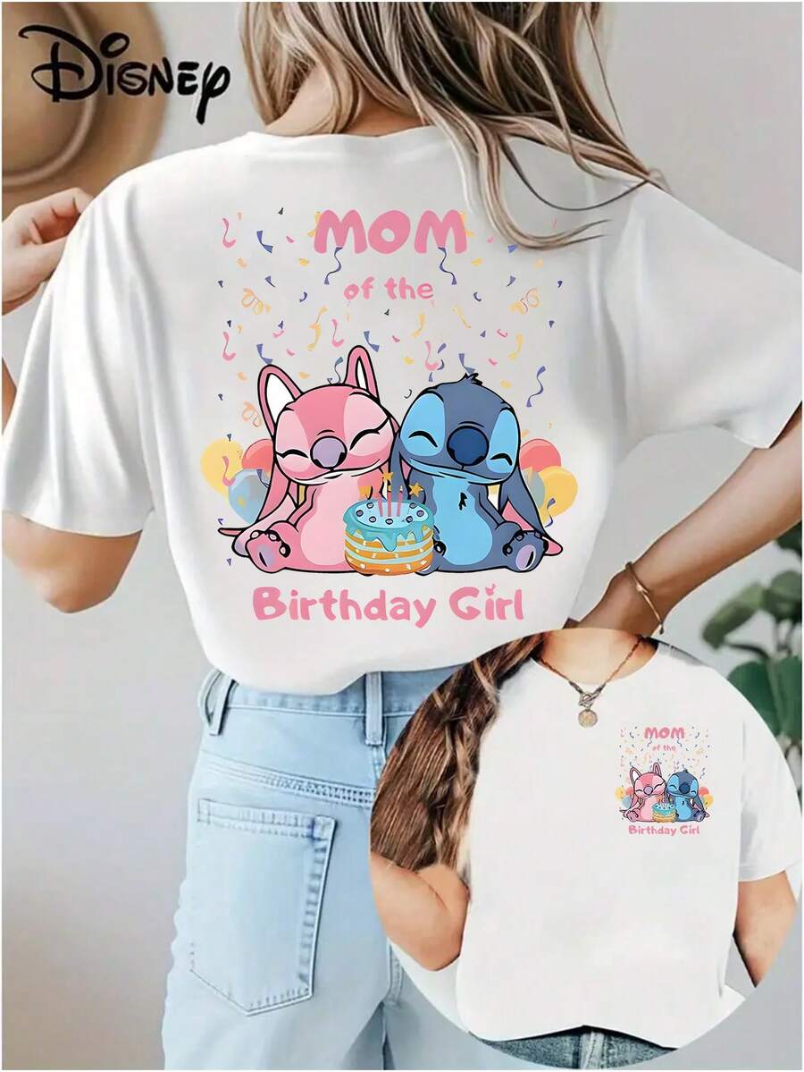Genuine Licensed Birthday Celebration Stitch And Angel Printed Soft And Skin, Disney Cotton T-Shirt - 白色 - 查看 1