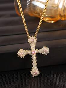 1pc Minimalist Vintage Cross Pink Zirconia Necklace, Clavicle Chain, Suitable For Christian Women Daily Wear Jewelry Accessory, Gift - Cross - View 9