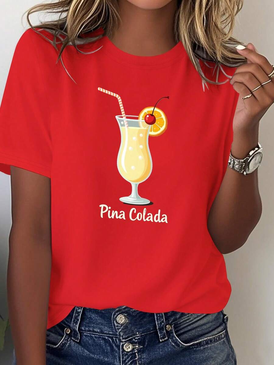 Soft T-Shirt For Women With A Tropical Colada Design. - Red - View 1