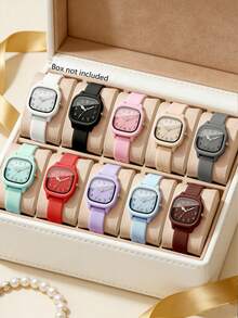 10pcs Men's And Women's Macaron-Style Quartz Watch Set, Featuring A Simple Square Dial Paired With A Silicone Strap, With Clearly Readable Numeric Markers. The Candy-Colored Design Is Fresh And Eye-Catching, Suitable For Students, Daily Wear, And Casual Style In Various Scenarios. - Multicolor - View 1
