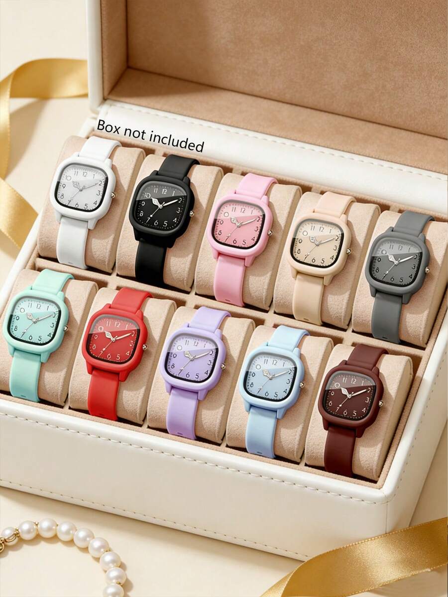 10pcs Men's And Women's Macaron-Style Quartz Watch Set, Featuring A Simple Square Dial Paired With A Silicone Strap, With Clearly Readable Numeric Markers. The Candy-Colored Design Is Fresh And Eye-Catching, Suitable For Students, Daily Wear, And Casual Style In Various Scenarios. - Multicolor - View 1