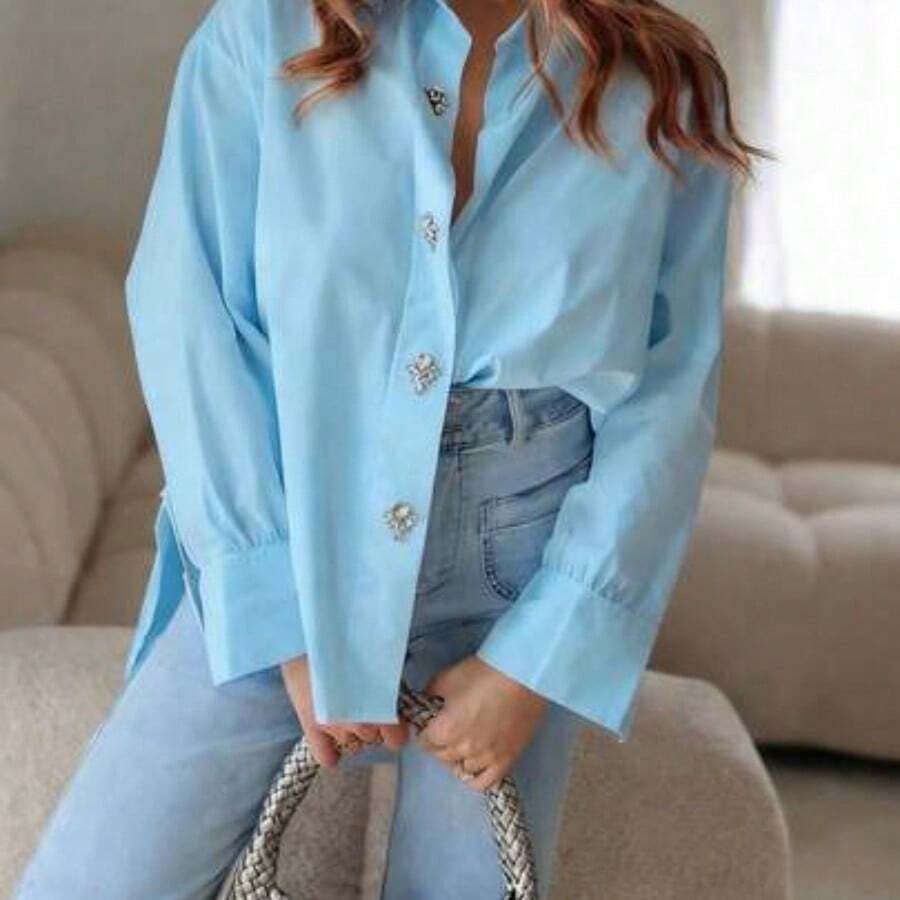 Camisa blanca elegante de unicolor, de poliéster, de corte holgado, con botones delanteros y adornos de strass, adecuada para vacaciones de primavera/verano en color rosa - Lavado ligero - Ver 1