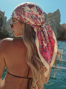 1 chiếc khăn/khăn bandana bằng satin in họa tiết hoa Paisley phong cách Bohemian cổ điển dành cho nữ, đa năng cho trang phục thường ngày và ngoài trời mùa xuân/hè, phù hợp cho kỳ nghỉ, du lịch, và trang phục retro. - màu trắng hồng - Xem 2