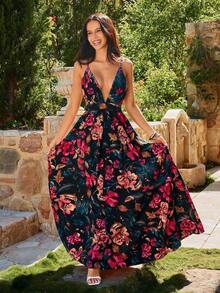 YkhahaKARISMINA Vestido de una pieza con cuello en pico, espalda abierta cruzada y estampado de leopardo para primaveraYkhaha - Negro - Ver 2