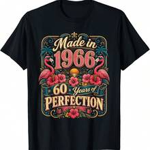 60th Birthday Made In 1966 Tropical Flamingo 60 Year Old T-Shirt - 黑色 - 查看 1