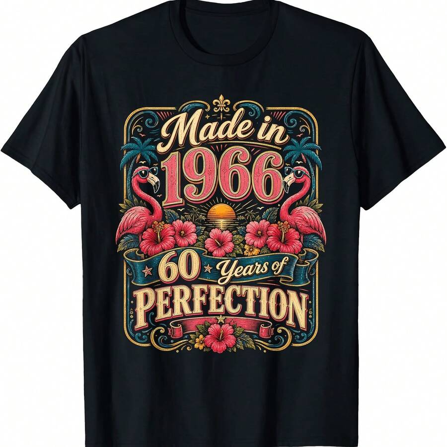 60th Birthday Made In 1966 Tropical Flamingo 60 Year Old T-Shirt - 黑色 - 查看 1