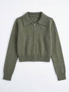 Senya 2026 Damen Strick-Cardigan in Olivgrün, Reißverschluss-Kragen, schmale Passform, Langarm, minimalistisch, lässig-elegant, Herbst/Winter-Top - Armeegrün - Übersicht 11