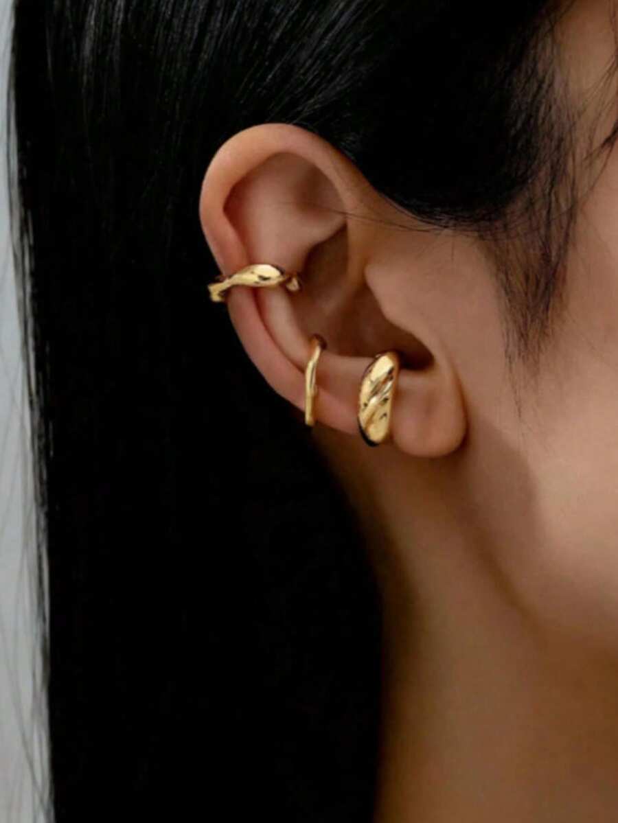 3pcs Minimalist Elegant Fashion Asymmetric Line Gold Ear Clips & Earrings Set - Gold - View 1