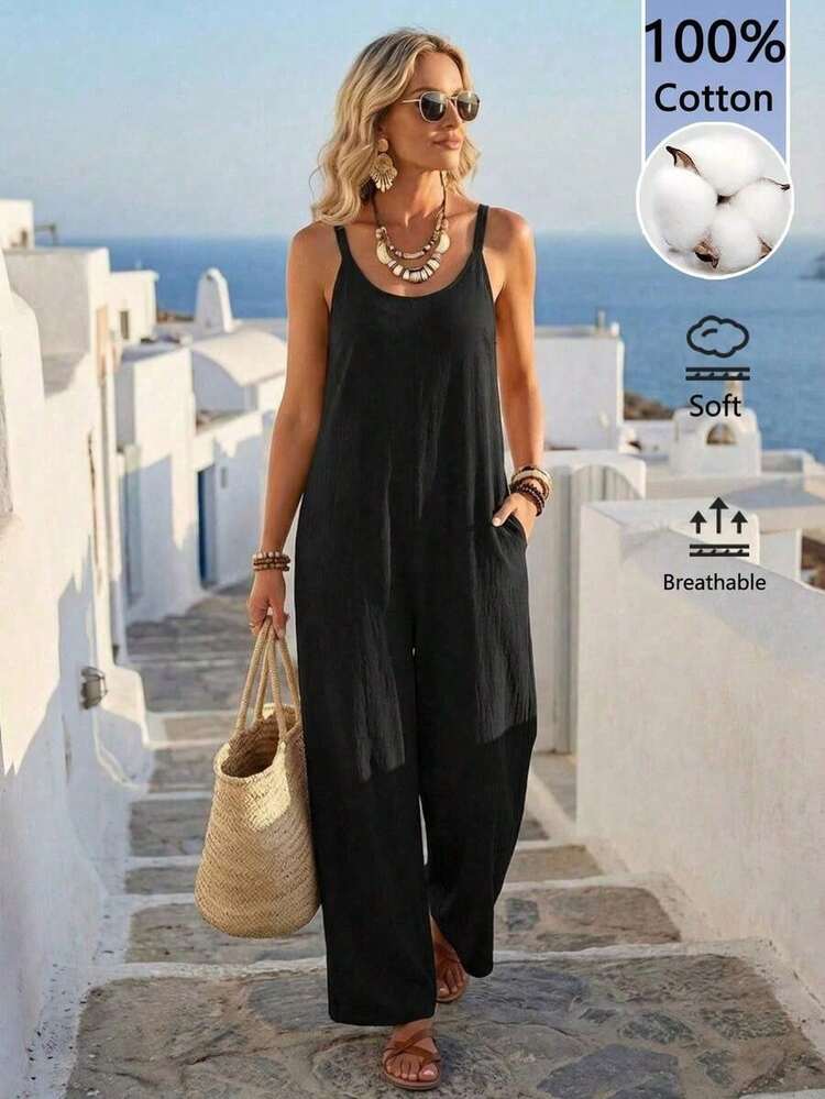 Mono ancho de pierna suelta de unicolor caqui para mujer, mono informal, mono de pierna ancha, mono para vacaciones, mono informal para mujer - Multicolor 4 - Añade 1