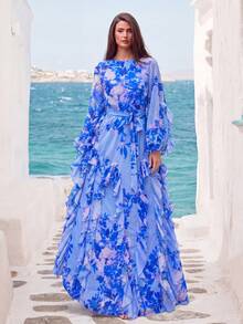 Faeriesty Elegant Chiffon Maxi Dress, Romantic Floral Print, Ruffle Hem And Bishop Sleeves, Suitable For Parties And Formal Occasions - Blue - View 3