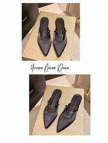 French-Style Elegant Silver Rhinestone Closed-Toe Mules For Women, 2026 New Summer Low-Heel Slip-On Shoes - Black - View 3