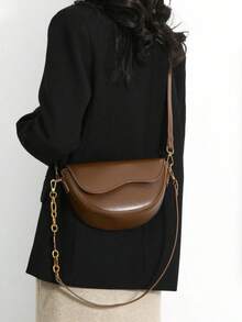 2026 New Retro Caramel Brown Molded Semi-Circle Flap Saddlebag, Versatile For Commute & Leisure, Fashionable Chain Strap Crossbody Bag - Brown - View 2