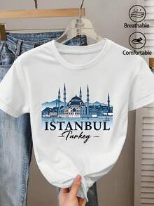 Simple And Comfortable Women's Cotton T-Shirt With Istanbul Mosque Print For Eid Mubarak - Vintage Style, Short Sleeve, Round Neck, With Islamic Architecture, Ideal For Spring, Summer, Casual Wear And As A Gift For Eid-Fitr. - 白色 - 查看 6
