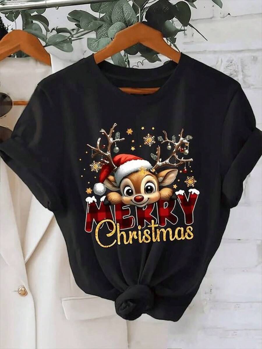 1 Camiseta de manga corta para mujer con estampado de copo de nieve y letras de "Feliz Navidad" con diseño de renos navideños, camisetas de Navidad, ropa festiva, diseño divertido, tela duradera, ropa de vacaciones, compradores navideños, camisetas para mujer, all, camiseta manga corta mujer, ropa femenina, remera, camisas para mujer, camisetas y blusas de mujer, casual Regalo perfecto para amigos, familiares y amantes de la moda - Negro - Ver 1