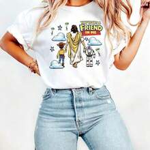 Disney 1PC Licensed "Jesus & Toy Story Woody Buzz You've Got A Friend In Me" Cartoon Printed Oversized T-Shirt, Short Disney 100% Cotton T-Shirt - 白色 - 查看 1