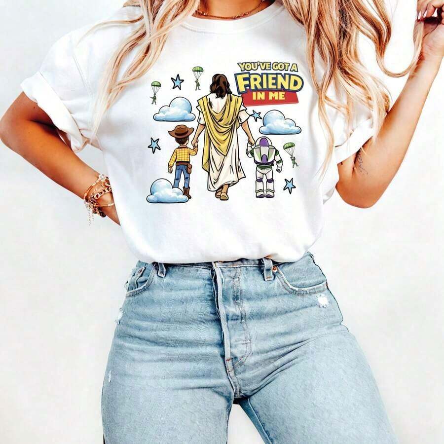 Disney 1PC Licensed "Jesus & Toy Story Woody Buzz You've Got A Friend In Me" Cartoon Printed Oversized T-Shirt, Short Disney 100% Cotton T-Shirt - 白色 - 查看 1