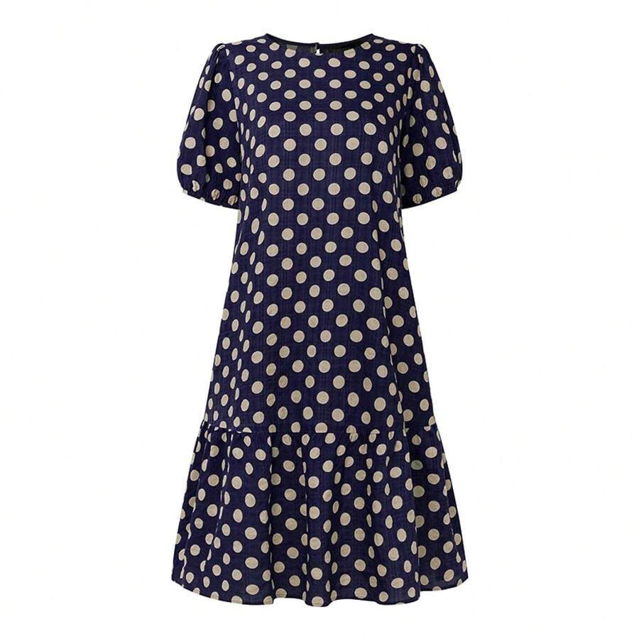 vestido de verano para mujer 2025, vestidos elegantes de lunares con mangas abullonadas, vestido elegante hasta la rodilla, vestido informal para y vacaciones - Azul oscuro - Ver 1