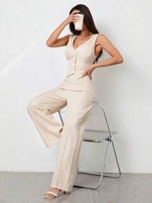 PETITE Conjunto de chaleco sin mangas con cuello abierto y pantalones informales - Albaricoque - Ver 5