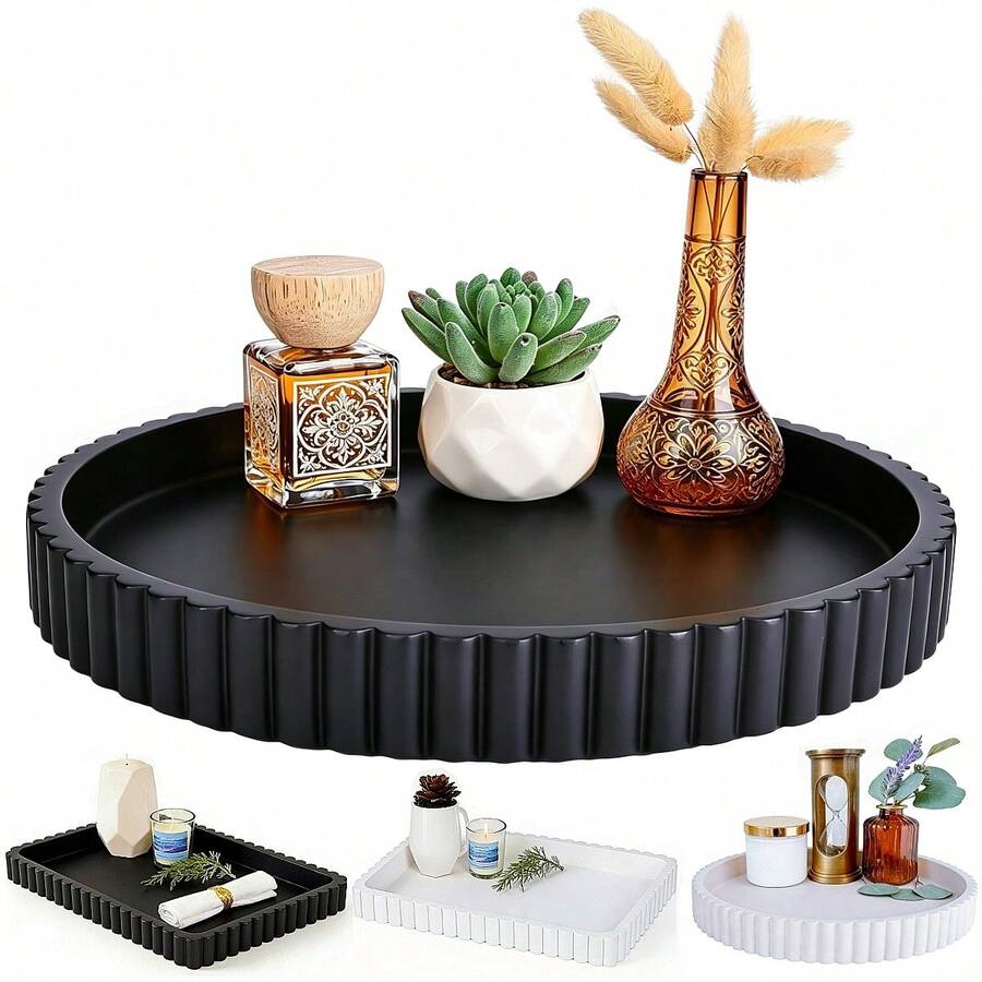 Bohemian Wood Decorative Tray - Round Solid Color Pattern Centerpiece For Coffee Table, Multipurpose Desktop Jewelry Organizer, Home Decor, Powder Coated Finish, Jewelry Tray, Diamond Painting Storage - màu đen - Xem 1