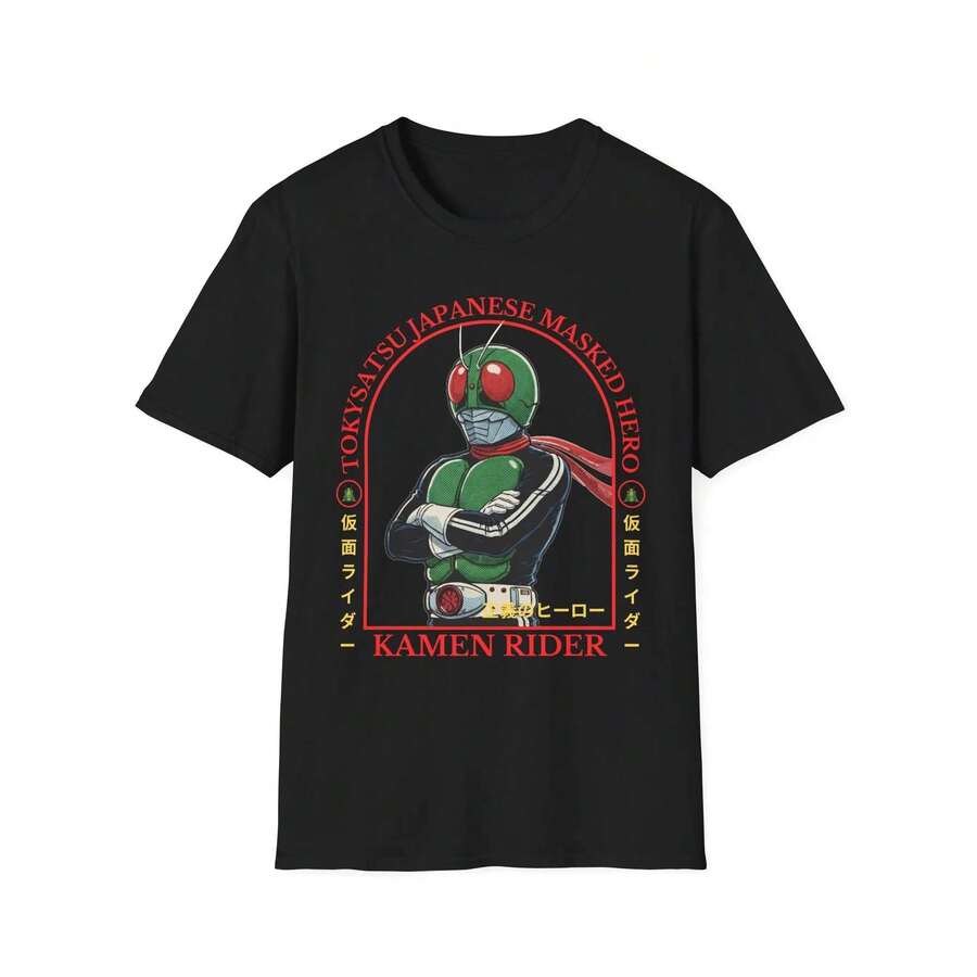 T1 Unisex Vintage Kamen Rider T-Shirt, Y2K Urban Style, Japanese Design With Special Photo Of The Masked Hero, Short Sleeve, For Men And Women - 黑色 - 查看 1