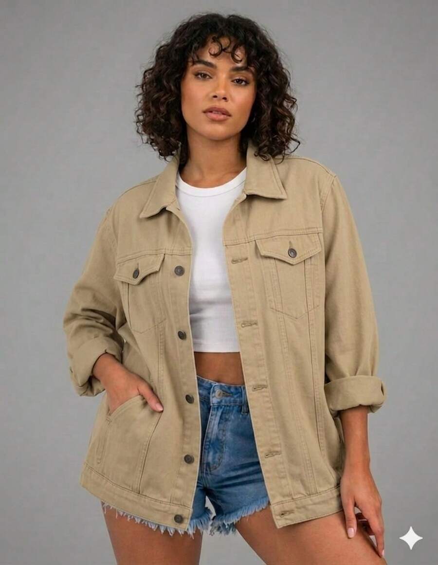 Maxi Oversized Denim Jacket With Pockets, Women's Long Winter - 卡其色 - 查看 1