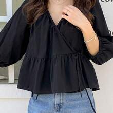 Fashion Women's Clothing  Camisa de manga larga con cinturón envolvente de unicolor, casual para primavera/verano, con volantes - Negro01 - Ver 6