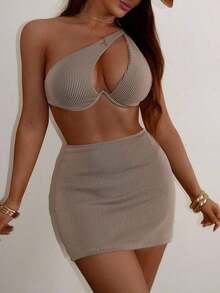 Swim Conjunto de bikini acanalado Sujetador con aros recortado y parte inferior de corte alto y falda de playa Traje de baño de 3 piezas - Caqui - Ver 2