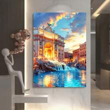 Enmarcado Lienzo impreso plano 2D con fuente romana -  plano 2D , diseño de edificio histórico vintage con cielo al atardecer y cascada, ideal para dormitorio, decoración de sala de estar, dormitorio universitario y regalo para el hogar,  de fuente, obra de arte para sala de estar, obra de arte de cielo dramático, plano 2D - Enmarcado - Ver 4
