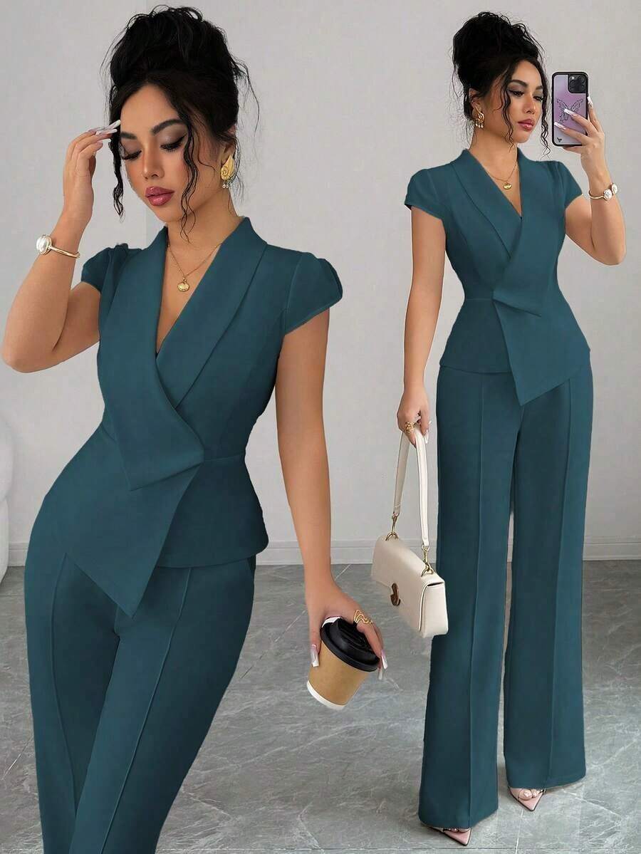 Conjunto casual y elegante de 2 piezas para mujer, con cuello cruzado asimétrico, mangas abullonadas, cintura ceñida, blusa con bajo en línea A y pantalones de cintura elástica, adecuado para ir a trabajar, vacaciones, tomar el té por la tarde, fiestas, primavera/otoño/invierno - Agua verde azul - Ver 1