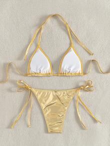 Tylish Sexy Tie Triangle Bikini, Unique Shiny Women Beach Swimwear. Standout For Beach, Ocean & Parties, Bestselling Bathing Suit Vacation - Gold - View 6