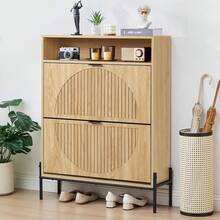 Fluted Shoe Cabinet With 2 Flip Drawers, Slim Freestanding Hidden Shoe Cabinet Organizer, Narrow Shoes Storage Rack For Entryway (-2 Drawers, 9.45" D X 31.5" W X 41.93" H) - View 6