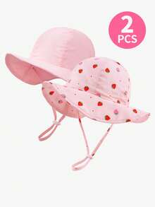 2Pcs Baby Girls' Strawberry Print & Solid Wide Brim Sun Hat, Adjustable Chin Strap UV Protection Bucket Hats For Toddler Kids Summer Beach Outdoor Activities - 2pcs - View 13