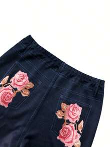 Pantalones estampados de talla grande, [pantalones estampados - no de tela de mezclilla] Pantalones acampanados de ajuste entallado con estampado de imitación de mezclilla, estampado floral, estampado con efecto de tela de imitación de mezclilla, bolsillos y botones de imitación, y estilo vintage de - Azul oscuro - Ver 7