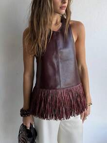 Womens Western Cowgirl Fringe Top Country Concert Outfits Festival Tassel Hem Boho Rodeo Camisole Rave Tank Shirt - Dark Brown - View 3