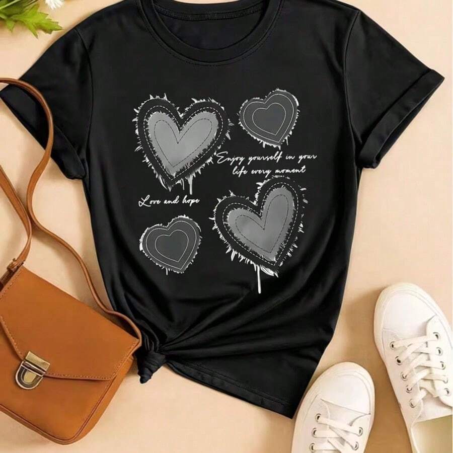 Camiseta Mujer Manga Corta Estampado Floral Natural Minimalista Tela Ligera Suave al Tacto Cómoda Para Uso Cotidiano Salidas y Paseos Urbanos - Negro - Ver 1