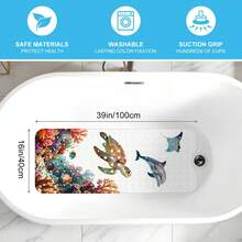 1pc PVC Thickened Non-Slip Bathroom Mat, Watercolor Underwater Coral Sea Turtle Dolphin Stingray Print With Suction Cups, Foot Massage Mat, Bathroom Pool Elderly Pet Universal Wear-Resistant Easy Clean Anti-Slip Bath Mat - View 3