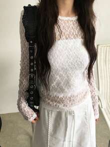 Japanese Style Colorful Lace Hollow Out Elastic Knit Long Sleeve T-Shirt Undershirt, Spring White - White - View 2