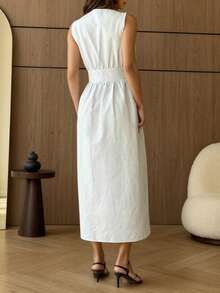 QUNGIGU Đầm midi nữ thanh lịch họa tiết sọc cổ chữ V không tay, cài nút phía trước, phù hợp đi biển, du lịch và đi làm hàng ngày - Màu xanh nhạt - Xem 6