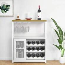 Mueble Bar con Almacenamiento de Vino Extraíble, Aparador Industrial y Buffet con Bandeja de Cristal y Puertas de Malla - Blanco - Ver 2