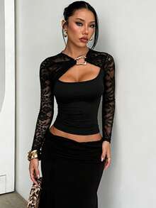1pc Solid Color Knit Fabric Lace Top, Vacation Beach Summer - Black - View 2