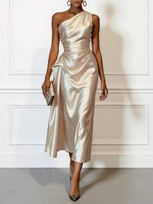 Women's Elegant Spring/Summer Satin One-Shoulder Midi Party Dress, Solid Color Pleated Evening Gown For Wedding Guest Formal Occasions, Suitable For Mother's Day - Apricot - View 5