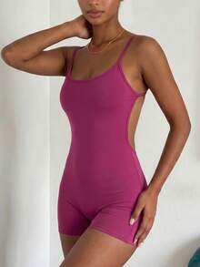 Women's Solid Color Backless Stretch Romper For Summer Elegant - Purple - View 2