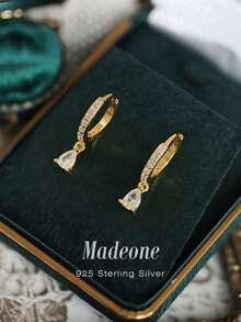 MADEONE 1 Đôi bông tai hình giọt nước đính đá Zirconia, trang sức bạc 925 cao cấp, trang sức thanh lịch phù hợp cho các cô gái, hẹn hò, dự tiệc, lễ hội. - Vàng - Xem 2