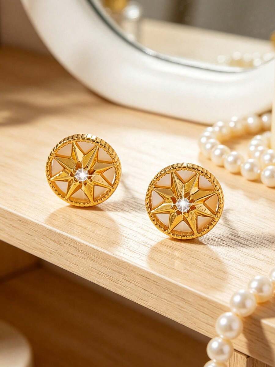 1 Đôi Bông Tai Ngôi Sao La Bàn Vintage, Thiết Kế Ngách Sang Trọng Tinh Tế Đa Năng Dùng Hàng Ngày & Hẹn Hò Cho Nữ - Vàng - Xem 1