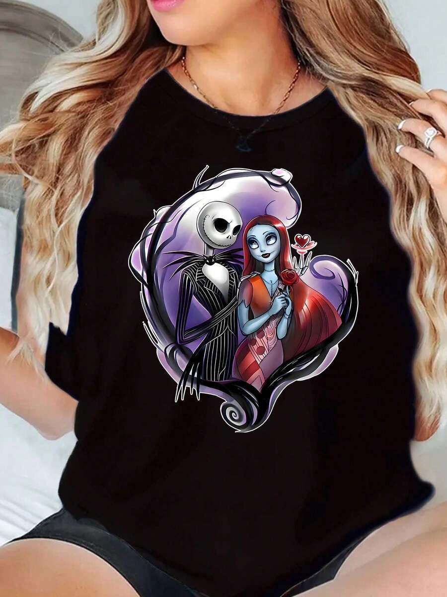 Nightmare Before Christmas Jack Skellington And Sally Heart Design Print Disney Women T Shirt Round Neck Short Sleeve Casual Wear Halloween Costume Soft Comfortable 220g - màu đen - Xem 1