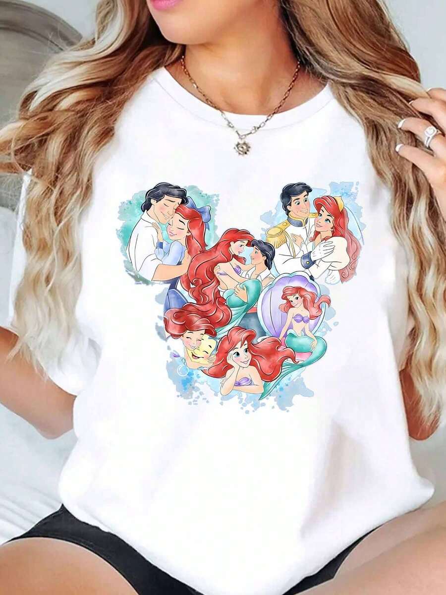 Camiseta de mujer con diseño del corazón de Ariel y el Príncipe Eric de Disney, de cuello redondo, manga corta, uso casual diario, para verano, suave y cómoda de 220g - Blanco - Ver 1